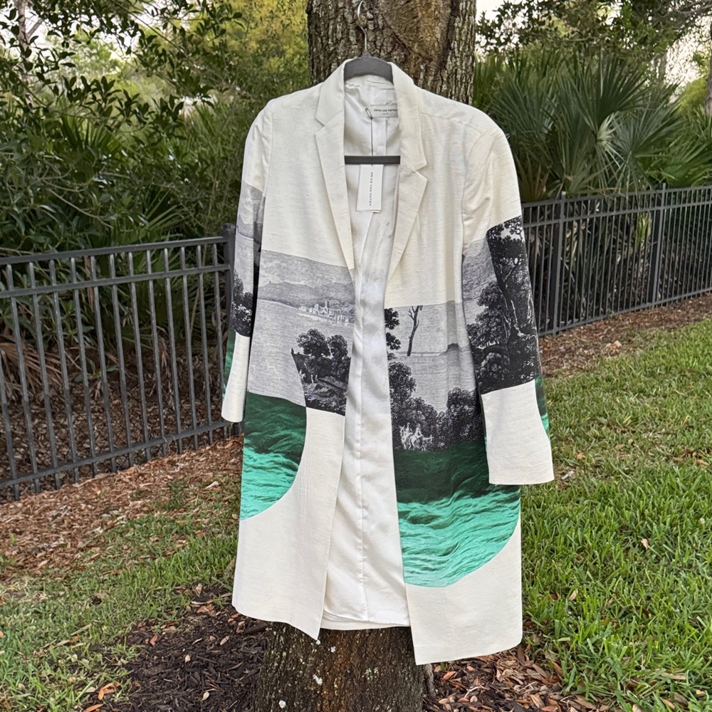 Dries Van Noten Scenic Print silk Blend Long Coat